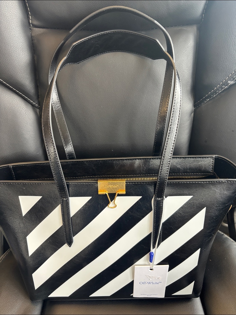 Off-White Black and White Diagonal Stripe Tote with Gold Clip